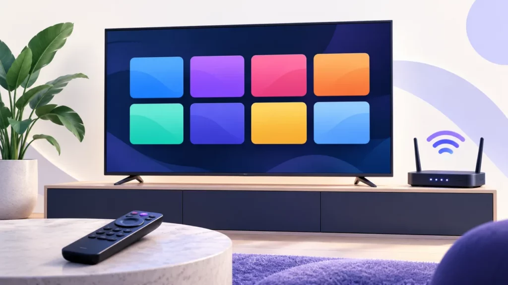 Illustration of a Smart TV with app tiles, remote control and Wi-Fi router